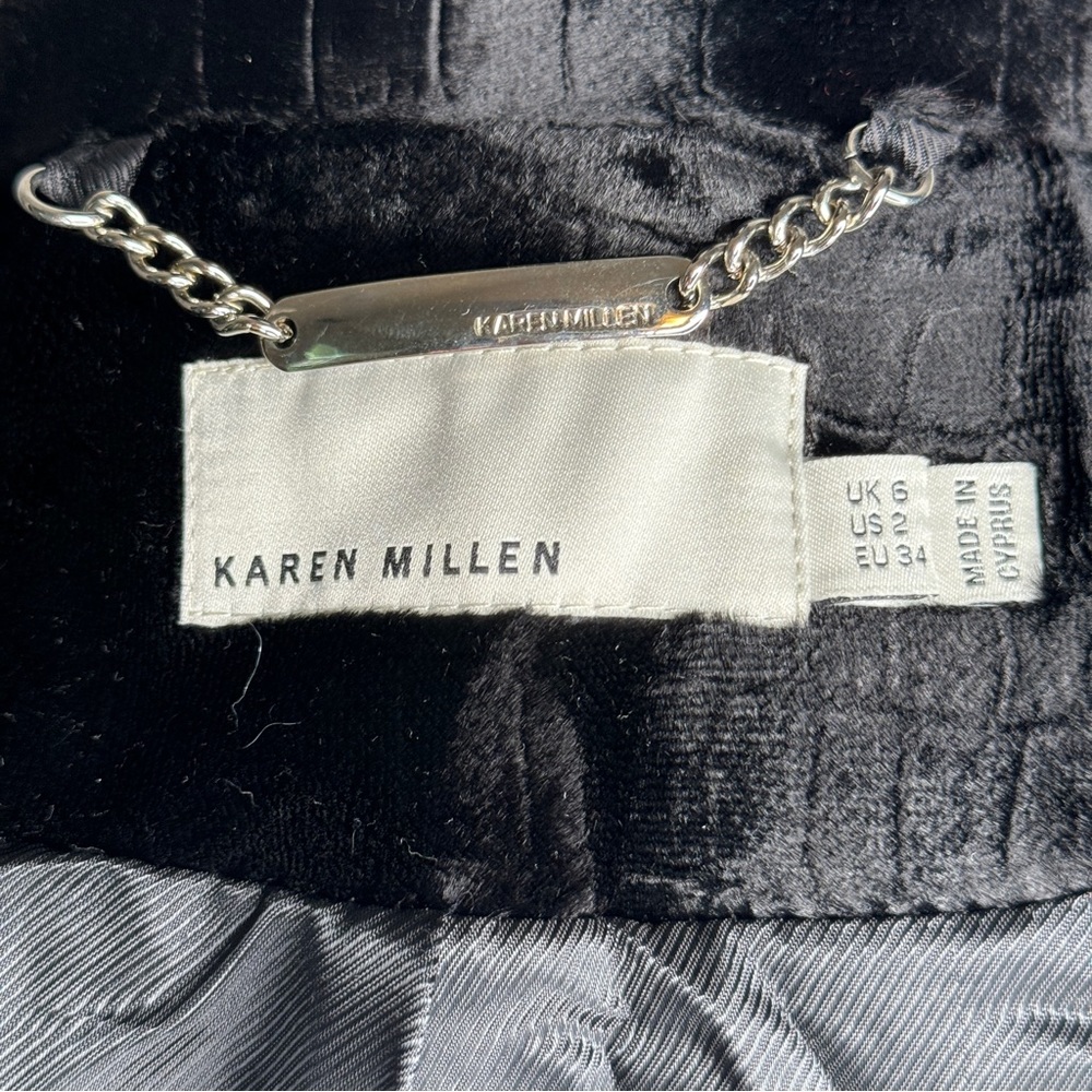 Karen Millen Black Glossy Faux Fur Trench Coat Silver Belted Lined Mob Wife - Picture 15 of 17